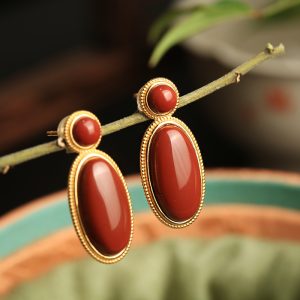 18k Gold Plated Silver Oval Geometric Earrings with Natural South Red Agate - High-End Fashion Accessories for Women