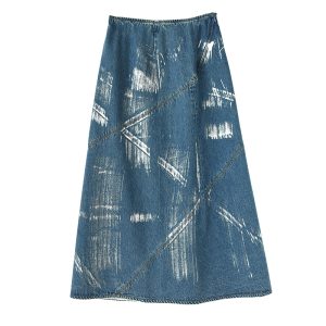 2024 Autumn A-Line Denim Skirt with Silver Foil, Patchwork Deconstruction, Mid-Length Cotton Fashion