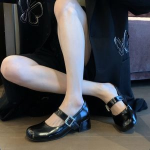 2024 Black Patent Leather Round-Toe Chunky Heel Mary Jane Shoes - Elegant Vintage Style for Skirts and Dresses
