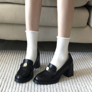2024 Camellia Flower Loafers for Women - Black Chunky Heel, British Style, Short Stature, High-End Leather Shoes