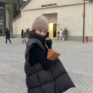 2024 Women's Slim Fit Down Vest - Pumpkin Outerwear, Versatile Black Sleeveless Jacket for Winter Fashion