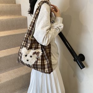 2025 Cute Cartoon Tote Bag for Women - Plaid Fabric Shoulder Bag with Color-Blocking Plush Design for Spring and Summer Commuting