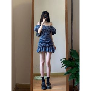 2025 Summer Blue Floral Dress for Women, Elegant Off-Shoulder Design, Slimming Effect, Puff Sleeves, Short Skirt, Y2K Style