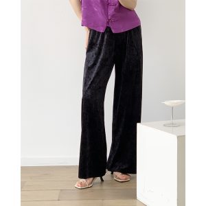 3D Soft Velvet Wide-Leg Pants for Women - Glossy Ice Flower Design, Elastic Waist, Spring Collection, Trendy Casual Style