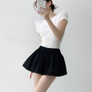 A-Line Black Floral Bud Skirt for Women - Summer 2025 Puff Skirt, Anti-Exposure Design, Trendy Korean Style Fashion