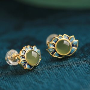 Ancient Style Retro Lotus and Hetian Jade Pure Silver Earrings for Women, Niche Enamel Design, High-Quality Fashion Jewelry