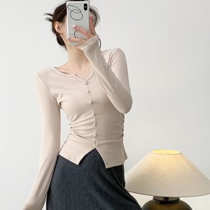 Apricot V-Neck Knitted Top for Women, Vintage Autumn Pleated Waist Design, Slim-Fitting Sweater, Y2K Style