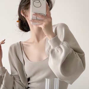 Autumn Knitted Long Sleeve Cardigan and Camisole Two-Piece Set for Women, Soft Cozy Fashion Outfit, Casual Layering Essentials