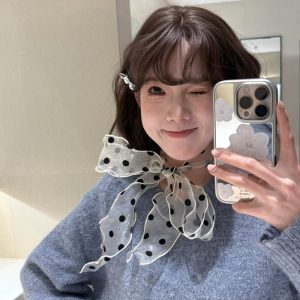 Black and White Polka Dot Silk Scarf Long Strip Organza Headband Neck Accessory – High-End Quality, Chic Fashion Staple for Women