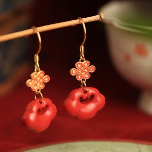 Chinese Style Cinnabar & Pure Silver Drop Earrings with Cloud Wish Lock - Zodiac Year Festival Jewelry for Women