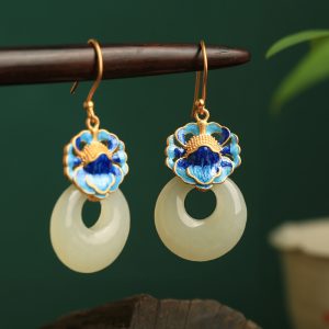 Chinese Style Cloisonné Blue Peony Enamel Earrings in Pure Silver - Elegant Hetian Jade Peace Buckle Design for Women