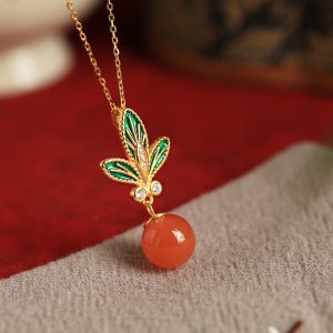 Chinese Style Flower Branch Red Agate Necklace with Pure Silver and Fortune Bead Pendant - Natural Ice Design for Women