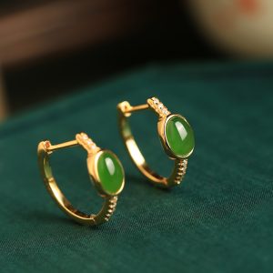 Chinese Style Green Jade Ear Clips for Women, Light Luxury Silver and Gold Inlaid Earrings, Elegant National Wind Accessories