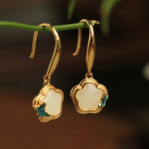 Chinese Style Hetian Jade Butterfly Plum Blossom Earrings in Silver with Enamel and Crystal - Elegant National Wind Accessories for Women