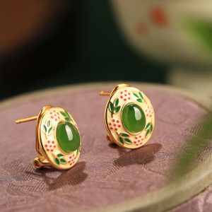 Chinese Style Hetian Jade Flower Branch Design Earrings in Pure Silver with Gold Enamel - Elegant Ancient Method Jewelry for Women