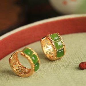 Chinese Style Hetian Jade Green Gemstone Ear Clips - Women's National Wind Gold Inlaid Earrings