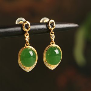 Chinese Style Hetian Jade Green Water Drop Earrings - 18K Gold-Plated Silver Luxury Drop Earrings for Women