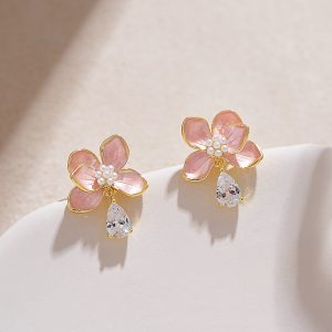 Delicate Pink Three-Dimensional Flower Stud Earrings with Water Drop Pendant - Fresh Women's Ear Accessories