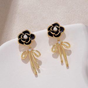 High-End Camellia Flower Stud Earrings with Golden Bow Tassel Drops, Slim Elegant Design, Fairy-Inspired Fashion Jewelry
