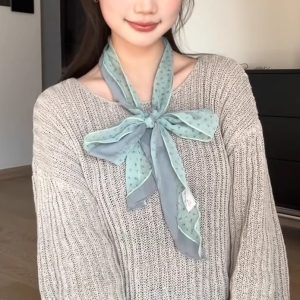 Korean-Style Matcha Mint Green Mesh Silk Scarf - Elegant Long Thin Neck Accessory for Spring and Summer
