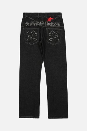 Concert Outfit Dark Gothic Embroidered Star Straight Jeans