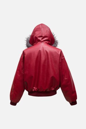 Concert Outfit Deconstructed Multi Pocket Fur Hooded PU Leather Jacket