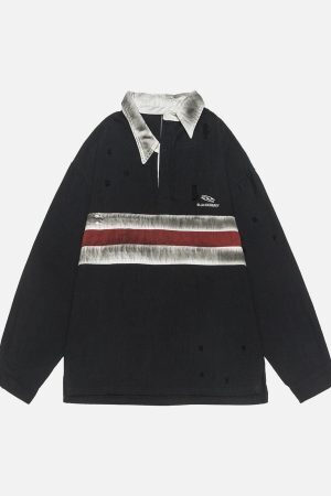 Concert Outfit Dirty-Dye Embroidered Long Sleeve Polo Shirt