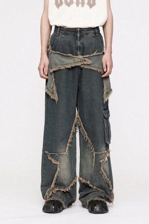 Concert Outfit Distressed Effect Patchwork Star Denim Jeans