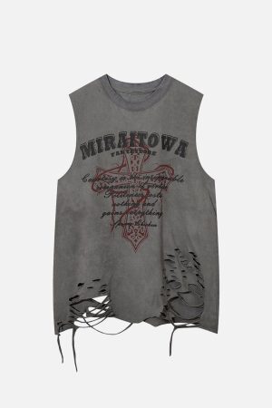 Concert Outfit Distressed Ripped Graphic Cross Print Vest