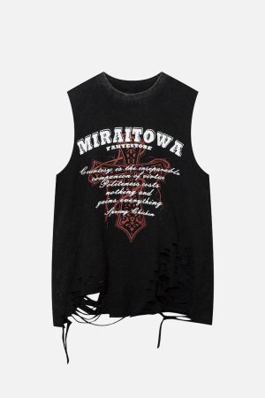 Concert Outfit Distressed Ripped Graphic Cross Print Vest