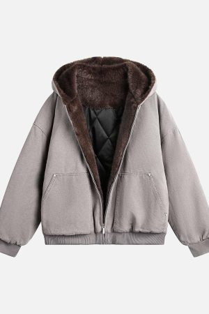Concert Outfit Fur Hooded Zip Up Quilted Jacket