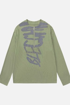Concert Outfit Half Zip Crew Neck Printed Knitted Sweater
