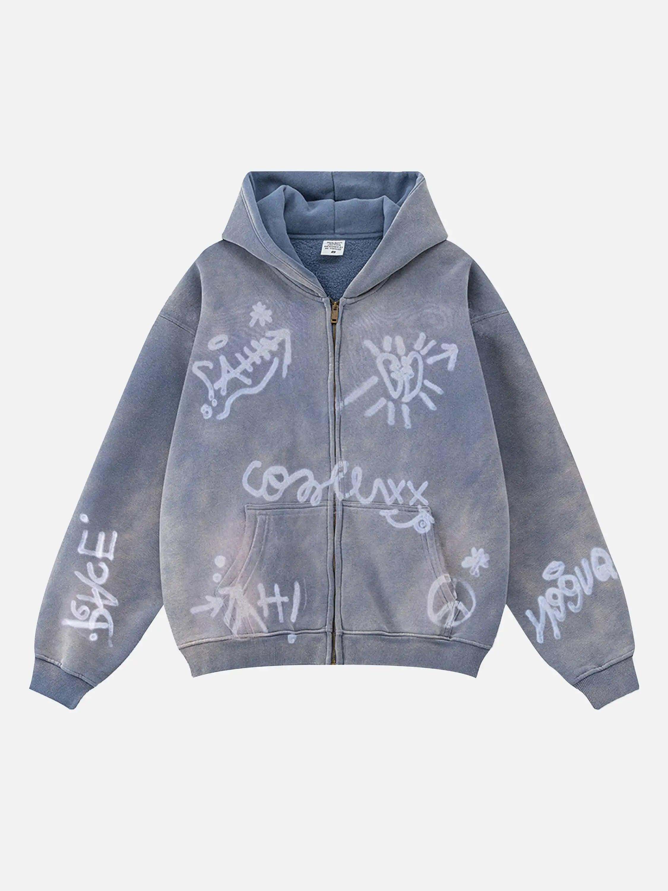 Concert Outfit Hand-Drawn Graffiti Washed Thick Hoodie