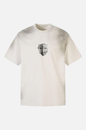 Concert Outfit Heavy Cotton Washed Cross Shield Print T-Shirt