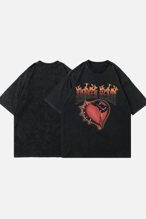 Concert Outfit High Street Heart-Print Dark T-Shirt