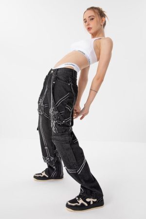 Concert Outfit High Street Hip-Hop Spider Web Denim Pants