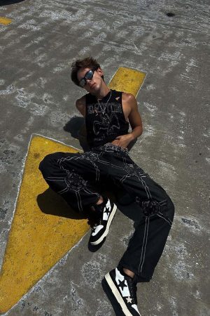 Concert Outfit High Street Hip-Hop Spider Web Denim Pants