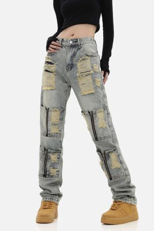 Concert Outfit High Street Washed And Torn Work Pockets Denim Pants