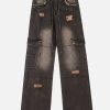 Concert Outfit Multi-Pocket Ribbon Raw Edge Jeans