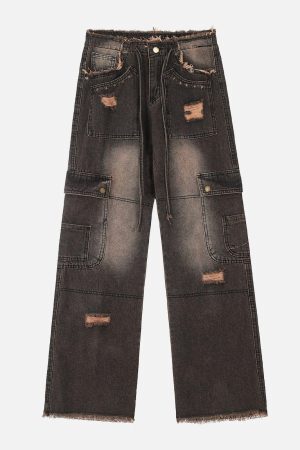 Concert Outfit Multi-Pocket Ribbon Raw Edge Jeans