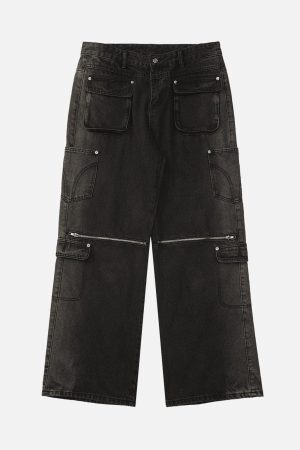 Concert Outfit Multi-Pocket Zipper Design Washed Hip-Hop Jeans