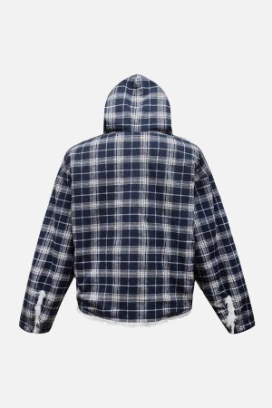 Concert Outfit Plaid Sherpa Lined  Fur Hooded Jacket