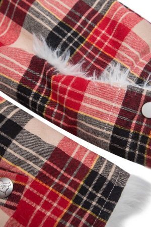 Concert Outfit Plaid Sherpa Lined  Fur Hooded Jacket