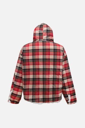 Concert Outfit Plaid Sherpa Lined  Fur Hooded Jacket