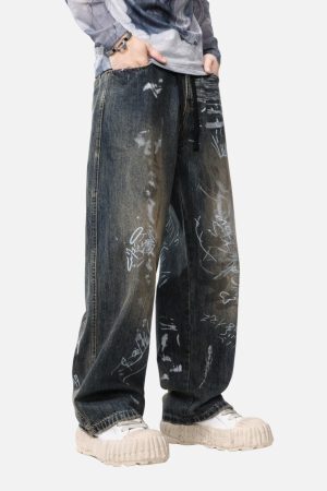 Concert Outfit Print Hand-Painted Graffiti Drawstring Baggy Jeans