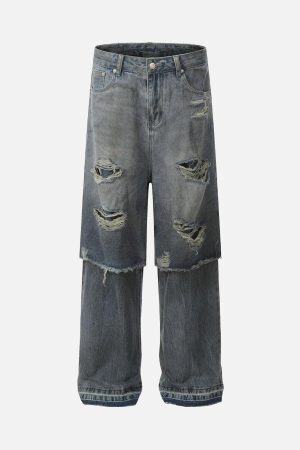 Concert Outfit Retro Distressed Faux Two-Piece Ripped Jeans