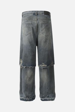 Concert Outfit Retro Distressed Faux Two-Piece Ripped Jeans