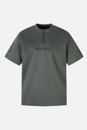 Concert Outfit Retro Quarter Zip Up Suede Embroidered T-Shirt