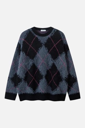 Concert Outfit Rhombus Plaid Embroidery Sweater