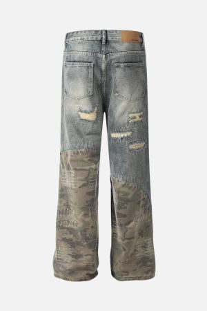 Concert Outfit Ripped Camouflage Patchwork Baggy Jeans